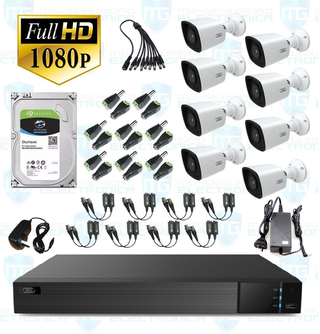 DVR, disco 2 TB, 8 cámaras bullet, balunes, fuente centralizada y conectores.  